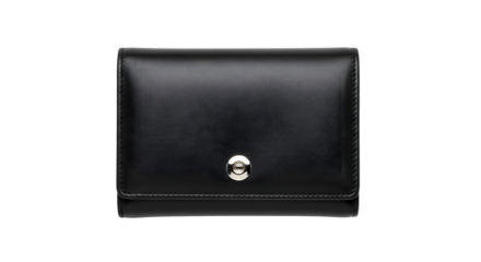 Classic black leather wallet with silver clasp isolated on transparent background