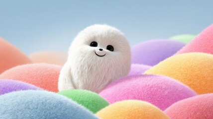 Smiling fuzzy white ball among colorful soft shapes. AI image