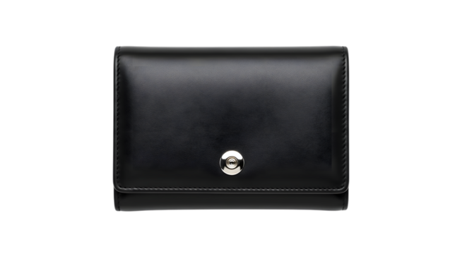 Classic black leather wallet with silver clasp isolated on transparent background