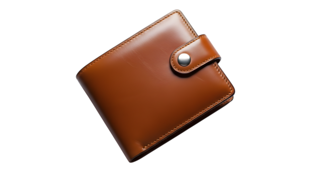 Classic brown leather bifold wallet with snap closure isolated on transparent background