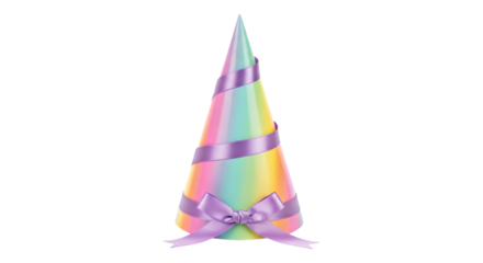 Whimsical pastel unicorn horn with purple ribbon bow isolated on transparent background