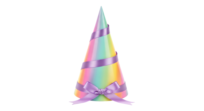 Whimsical pastel unicorn horn with purple ribbon bow isolated on transparent background