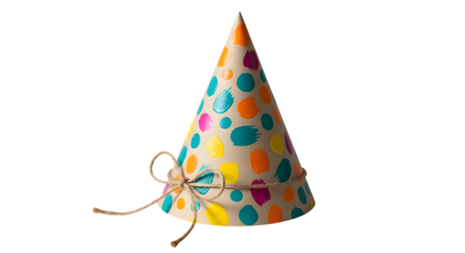Colorful polka dot party hat with string and bow isolated on transparent background
