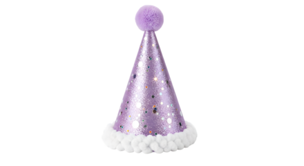 Sparkly purple party hat with white fluffy trim isolated on transparent background