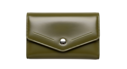 A closed olive green leather coin purse with a silver snap closure isolated on transparent background
