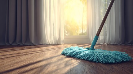 Household floor cleaning tool rests upon polished wooden surface illuminated by bright window light