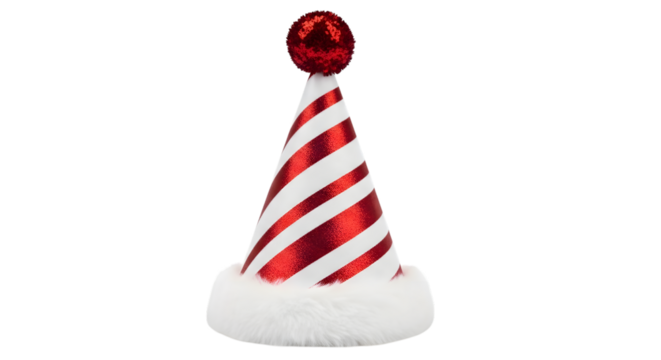 A festive red and white striped santa hat with a fluffy white trim isolated on transparent background - Powered by Adobe