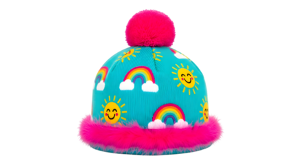 Brightly colored children s winter hat with rainbows and sun motifs isolated on transparent background