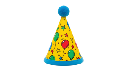 Bright yellow conical party hat with colorful balloon pattern and blue trim isolated on transparent background