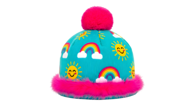 Brightly colored children s winter hat with rainbows and sun motifs isolated on transparent background