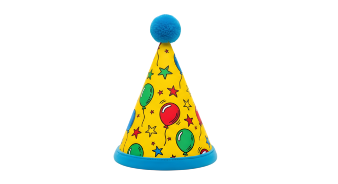 Bright yellow conical party hat with colorful balloon pattern and blue trim isolated on transparent background
