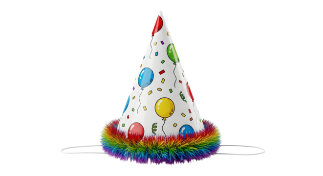 Colorful party hat with rainbow trim and balloon pattern isolated on transparent background