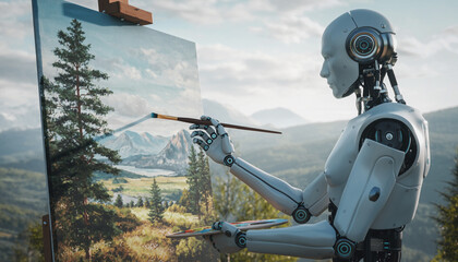 Ai humanoid robot paints the natural mountain landscape
