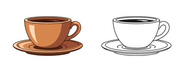 Vector illustration of a brown ceramic cup filled with coffee or tea on a matching saucer, shown in color and black outline