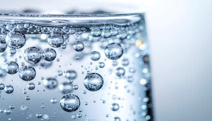 Extreme macro close-up of sparkling soda bubbles rising and clinging to the inside of a glass, captured with bright cinematic lighting.
