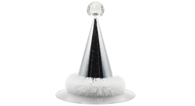 Silver conical party hat with white fluffy trim and pom pom isolated on transparent background
