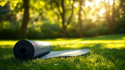 Yoga mat on sunlit grass with blurred trees. AI image