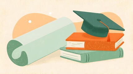 Academic achievement symbols including a graduation cap resting upon stacked books beside a rolled document
