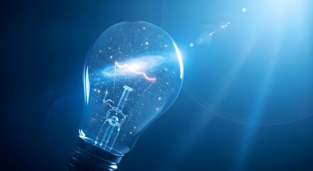 Close-up of a glowing light bulb with a bright blue lens flare effect.
