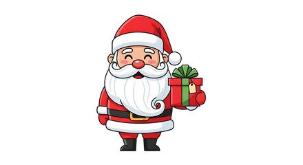 A cheerful cartoon illustration of Santa Claus holding a wrapped Christmas gift.