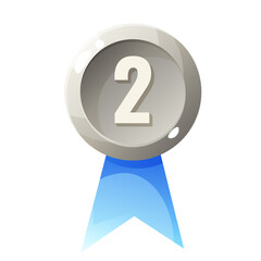 A silver medal with the number 2 displayed prominently. The medal is attached to a blue ribbon, symbolizing achievement and competition.