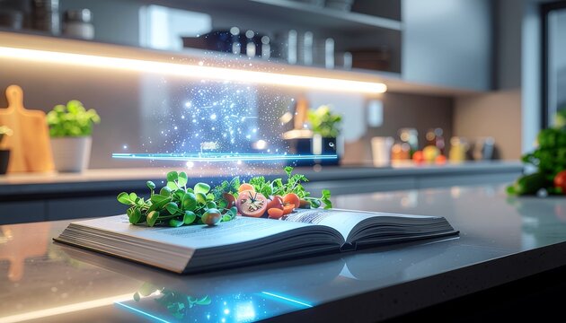 Open cookbook on a kitchen counter with fresh produce, illuminated by a floating blue holographic data display.