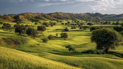 Lush rolling hills under golden sunlight in serene valley. AI image