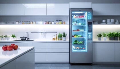 Sleek smart fridge with blue holographic interface in a modern, minimalist kitchen.