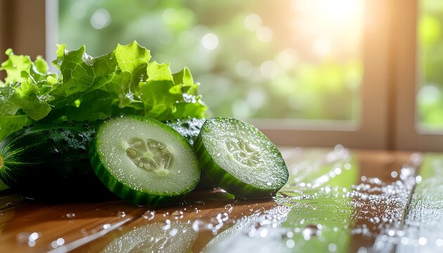 Sliced cucumber and wet lettuce on a wooden table, with shining water drops and bright sunlit green background. - Powered by Adobe