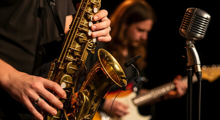 Close-up of a jazz musician playing the saxophone on stage with a band.