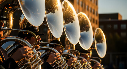 Close-up of a marching band tuba section playing outdoors at sunset.