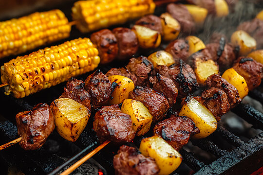 Anticuchos skewers with marinated beef and potato pieces grilling on a charcoal barbecue next to corn on the cob, emitting smoke