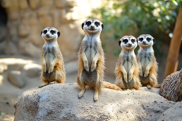 Fototapeta premium Group of meerkats standing upright on a sandy mound, attentively watching surroundings in their natural habitat