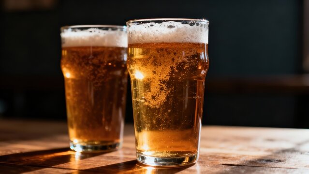 Two freshly poured glasses of golden ale sit upon a wooden surface illuminated by sunlight