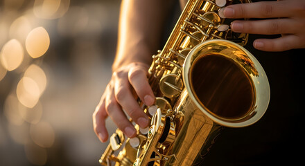 Close-up of a musicians hands playing a golden saxophone outdoors with bokeh lights.