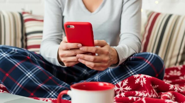 Cozy Christmas mobile work remote woman hands holding red phone in plaid pajama on couch with laptop mug blanket enjoying holiday break and festive warm moment
