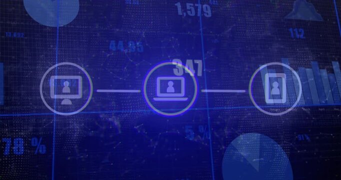 On three icons connecting, center laptop pulsing, numbers shifting to show synced metrics