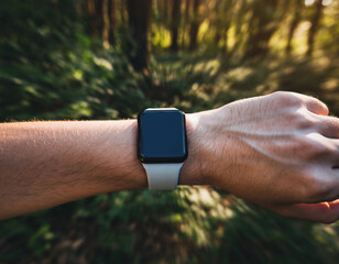 Blank smartwatch on Wrist During Outdoor Run with Motion Blur