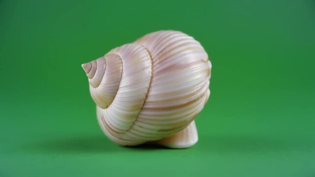 A single, light-colored seashell with a spiral pattern sits on a green background, showcasing its texture and form.