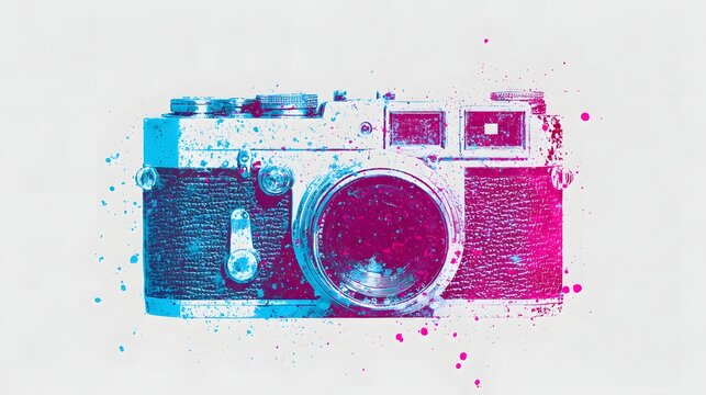 Vintage rangefinder device artwork appears rendered with vibrant cyan and magenta paint splatters