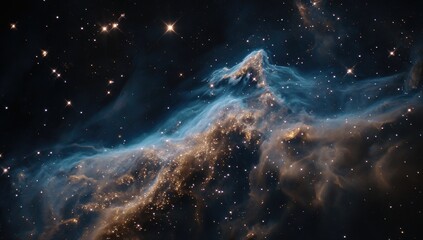 Fototapeta premium A cosmic landscape of swirling nebulae in teal and gold hues, punctuated by bright stars scattered across a dark, deep space background. The nebulae resemble ethereal clouds or mountains