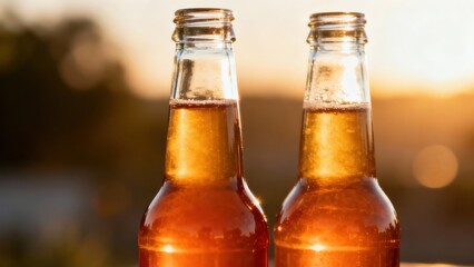 Two glass bottles filled with amber beverage illuminated by warm outdoor sunlight