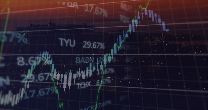 Dusk sky sparking overlay fading in drawing candles lines showing market trend view zooming
