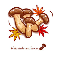 秋の味覚｜松茸と紅葉のポップでかわいいイラスト｜きのこのベクター素材