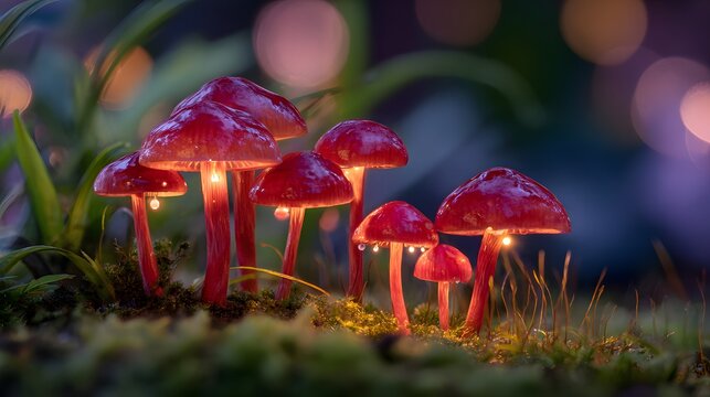 Glowing red fungi illuminate a dark forest floor with soft background lights