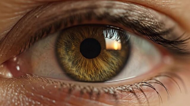 Extreme Close Up Macro Shot of a Human Eye Iris Showing Intricate Patterns and Reflections of a Sunset Golden Hour