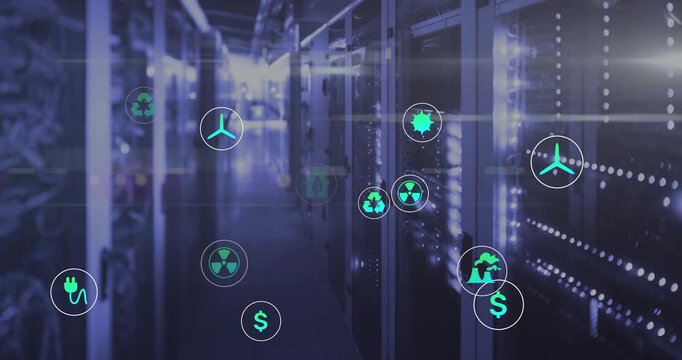 Server racks lining aisle, neon plug sparking icons rising, clustering, pulsing showing energy cost