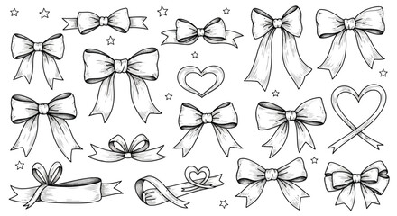 Assorted handdrawn bow ribbons and decorative hearts collection