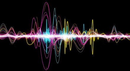 Abstract digital illustration sound waves music rhythm neon colors black background