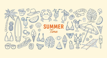 Colorful summerthemed doodle icons with beach, food, and travel elements